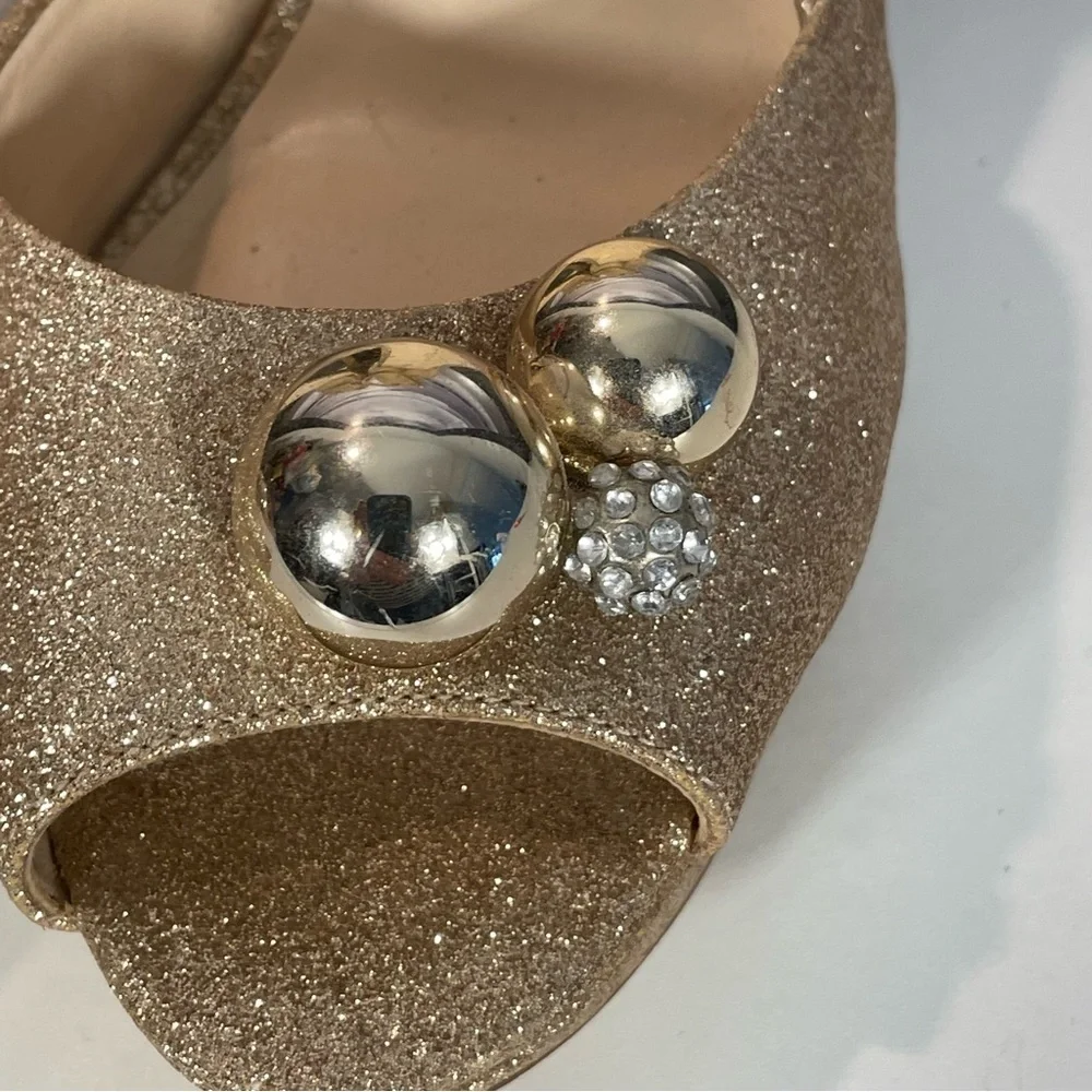 Nine West Gold Glitter Open Toe Platform Stiletto Ankle Strap Heel Shoe Sz 9